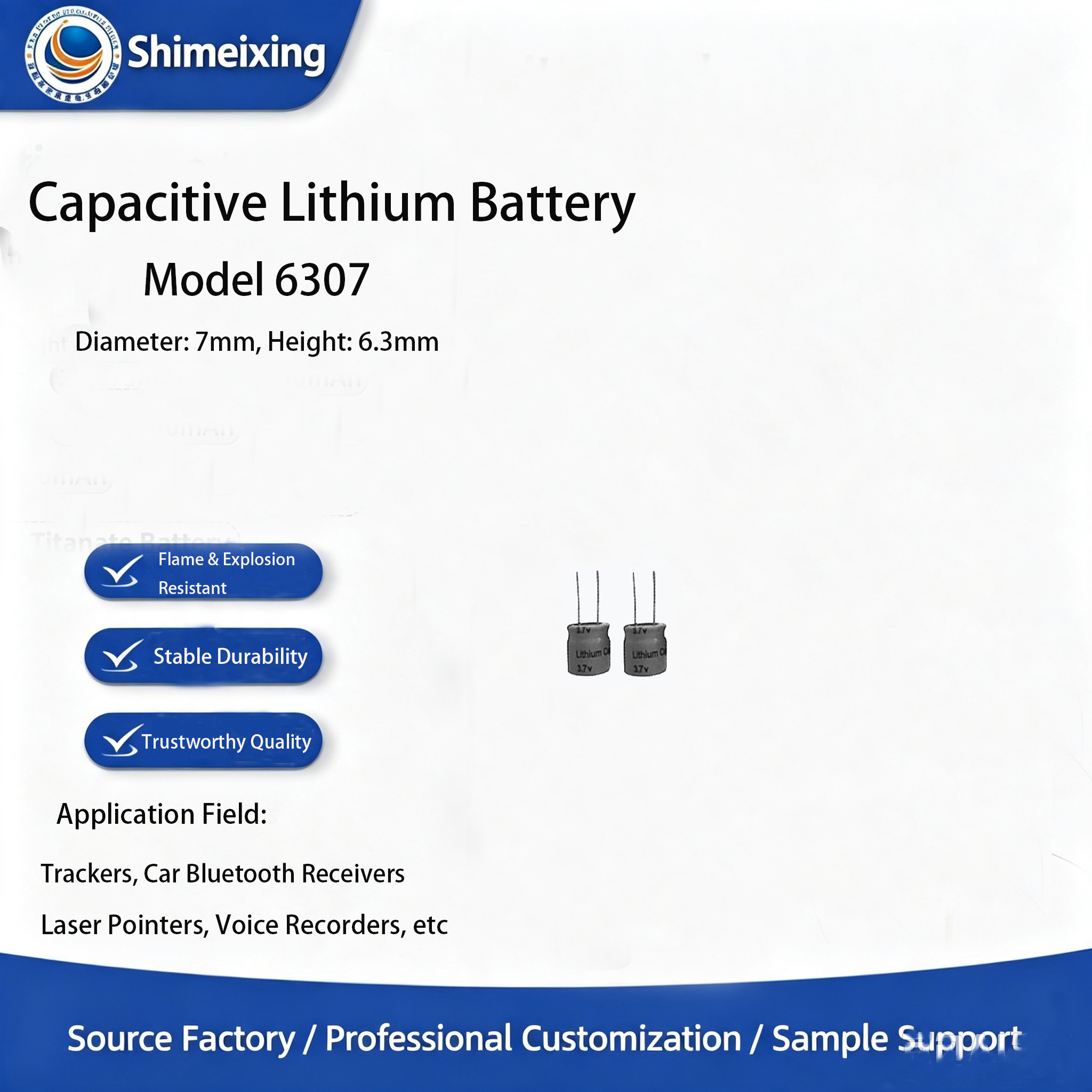 <strong>6307 Capacitive Lithium‑ion Battery, 3.7V 8mAh, Small Cylindrical Rechargeable Battery for Trackers </strong>
