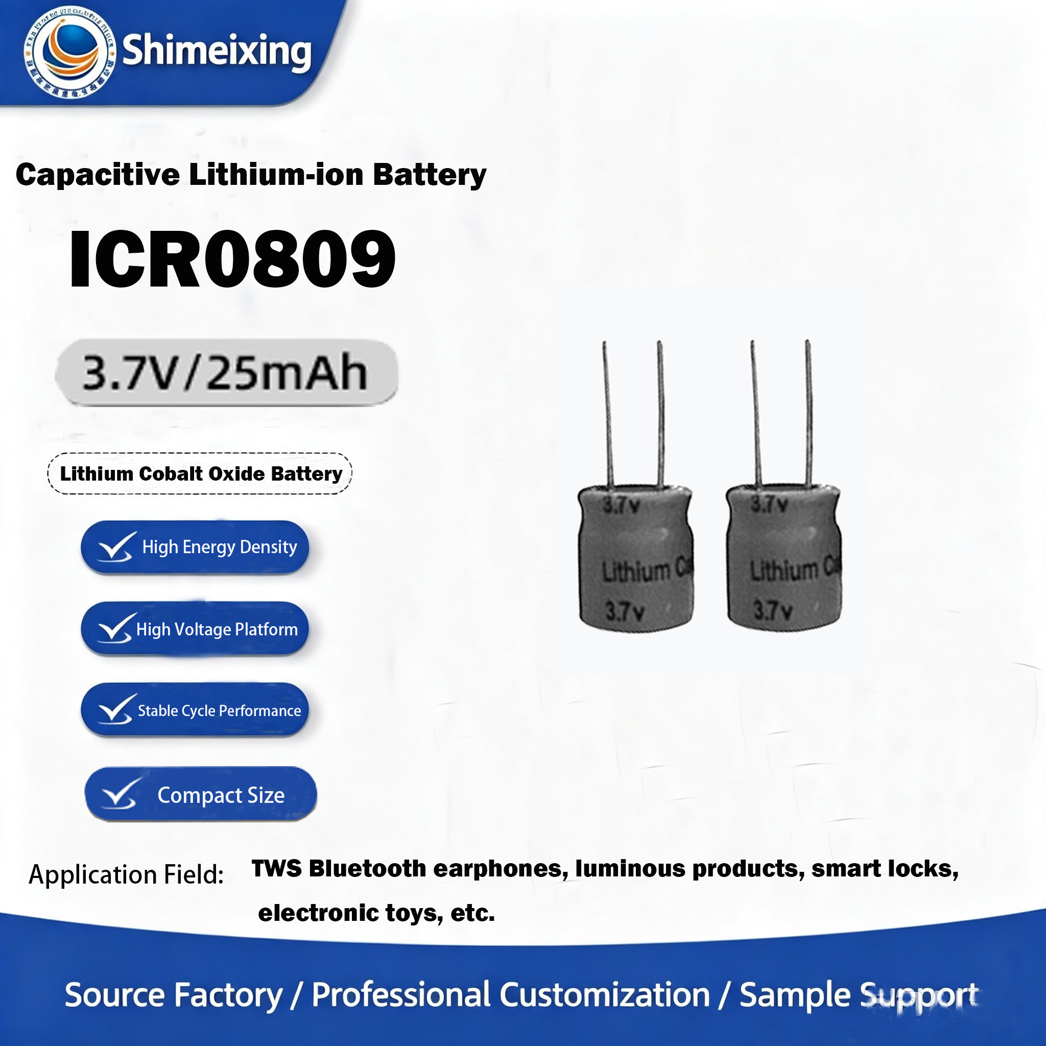 <strong>Capacitive Lithium‑ion Battery, 3.7V 25mAh, Model 0809, Rechargeable Battery for TWS Bluetooth Earph</strong>
