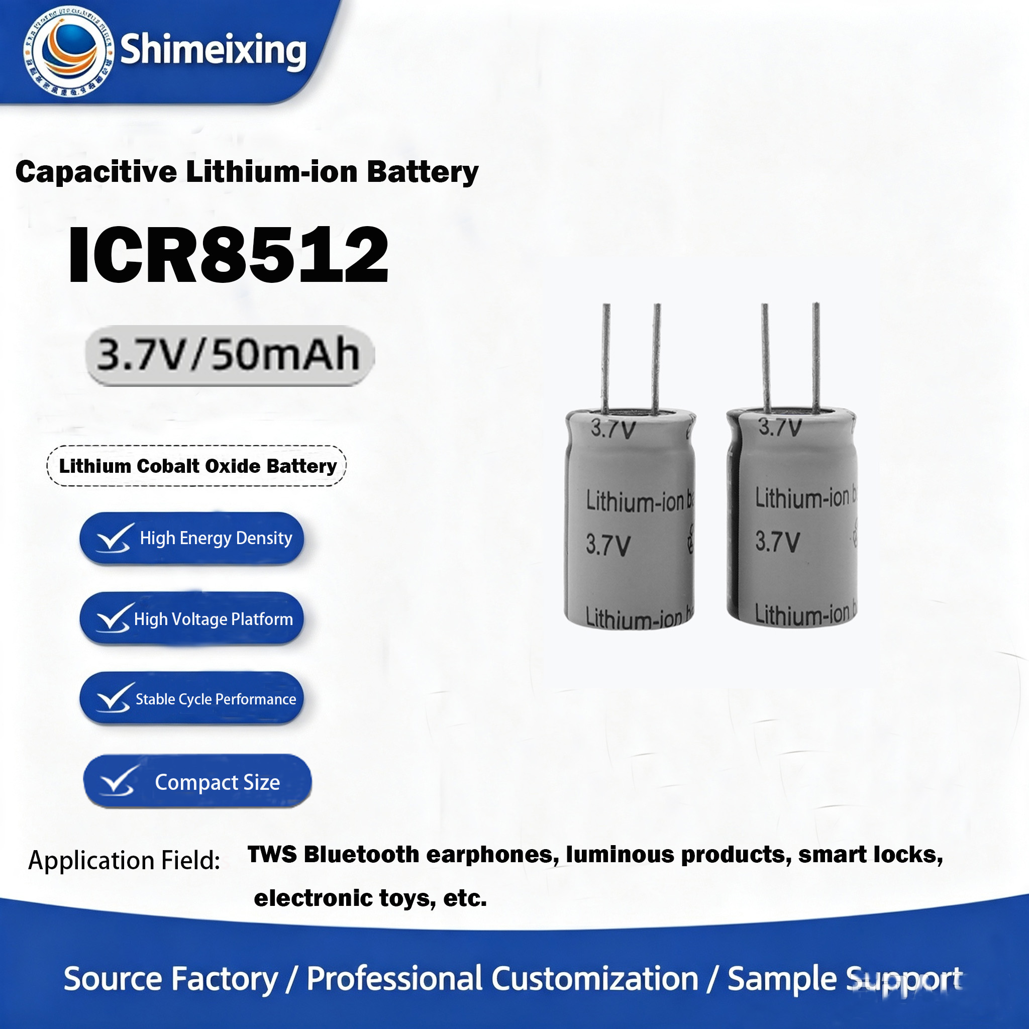 <strong>Small Cylindrical Capacitive Lithium‑ion Battery 8512, 3.7V 50mAh, Lithium Battery for Sports Blueto</strong>