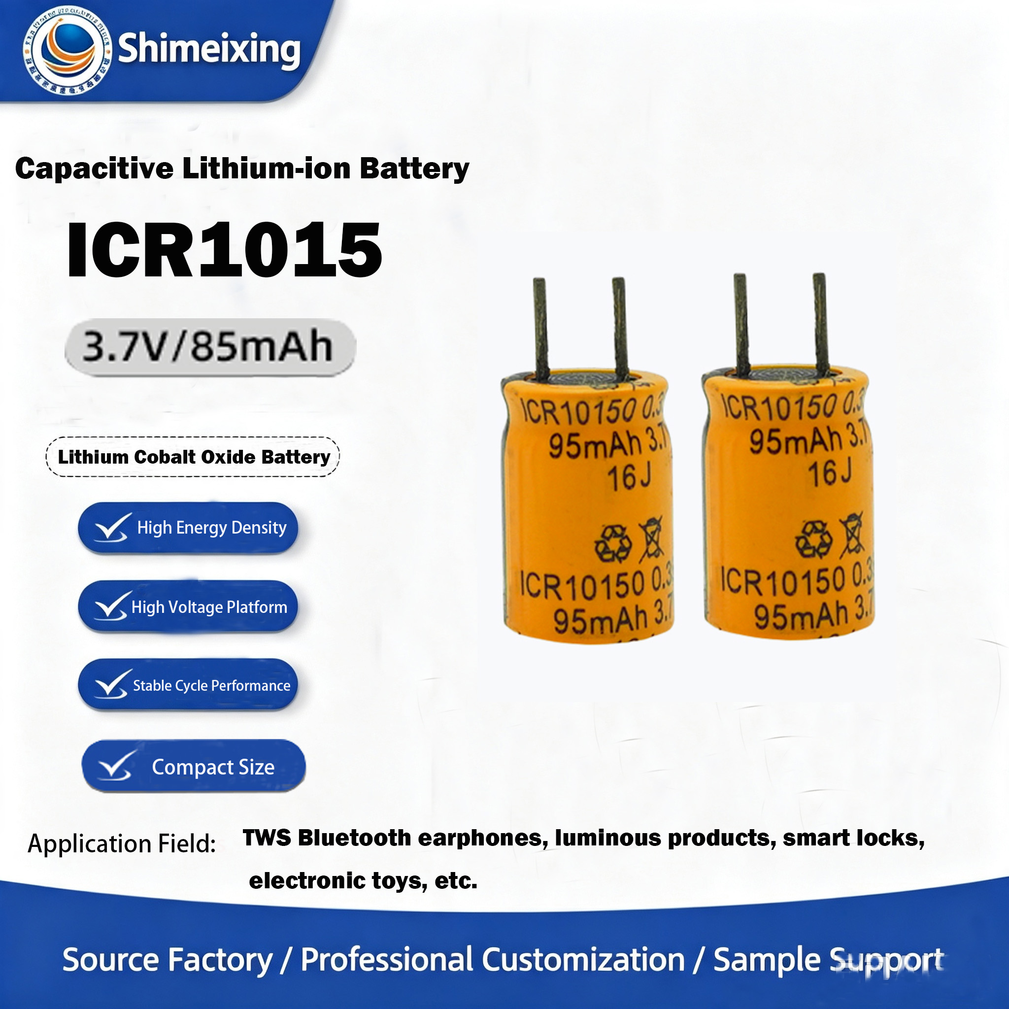 <strong>1015 Capacitive Lithium‑ion Battery, 3.7V 85mAh, Battery for Bluetooth Earphones, Electronic Toys &a</strong>