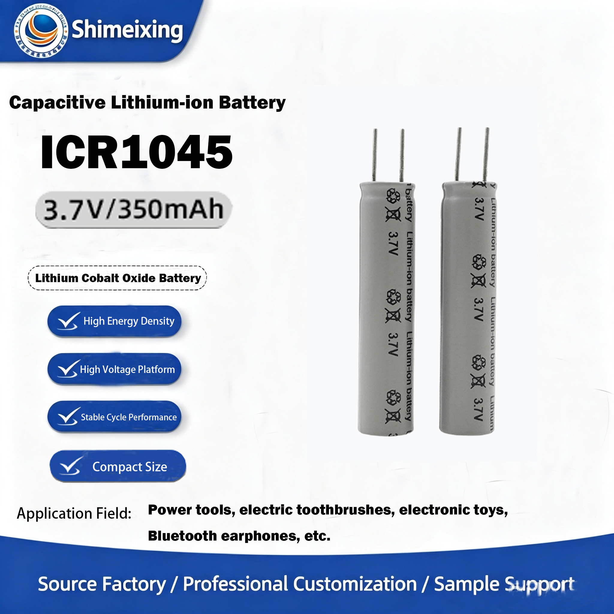 <strong>Cylindrical Capacitive Lithium‑ion Battery 10450, 3.7V 330mAh, Rechargeable Battery for Electric Too</strong>