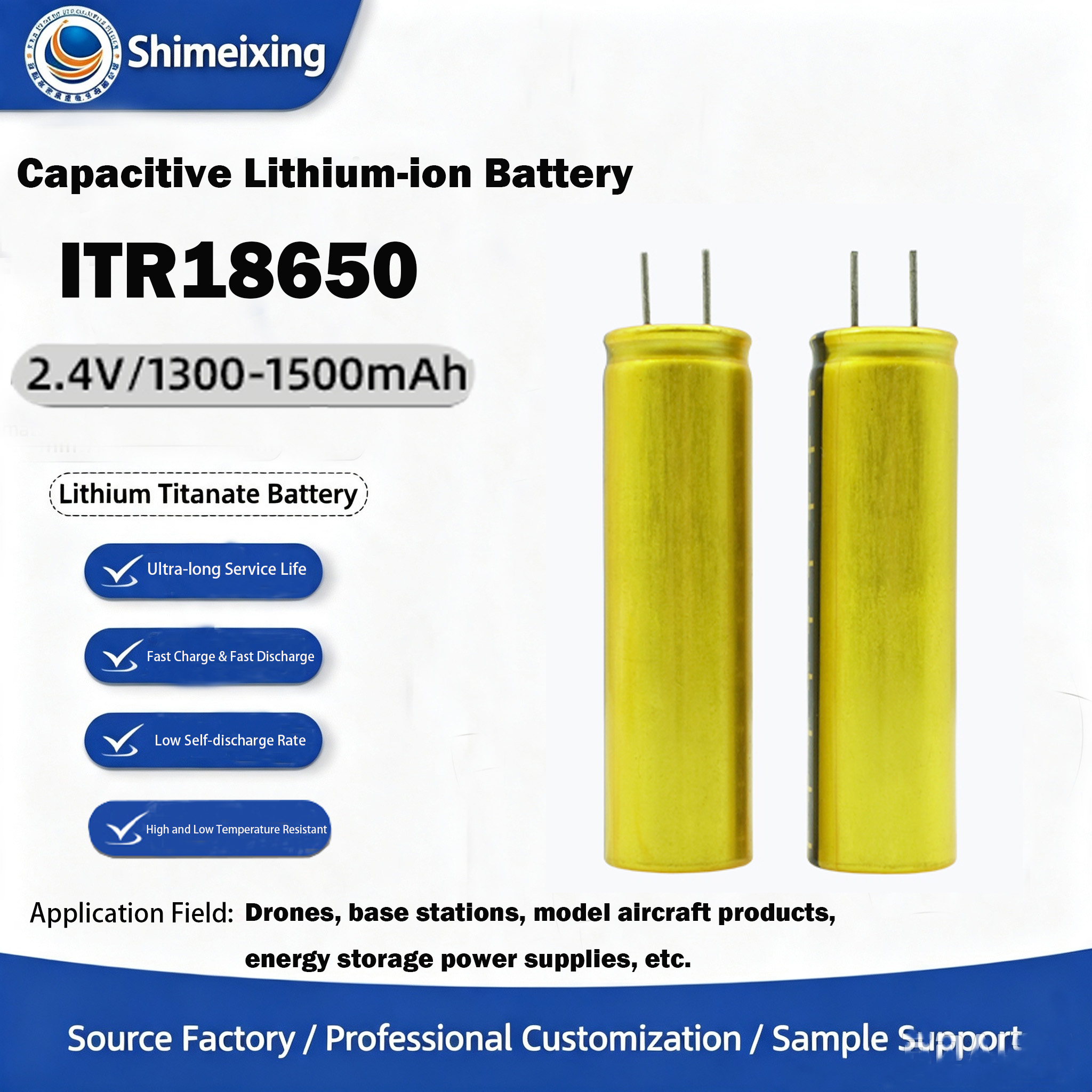 <strong>Ultra‑Low Temperature Small Cylindrical Capacitive Lithium‑Titanate Battery 18650, 2.4V 1300mAh, Rec</strong>
