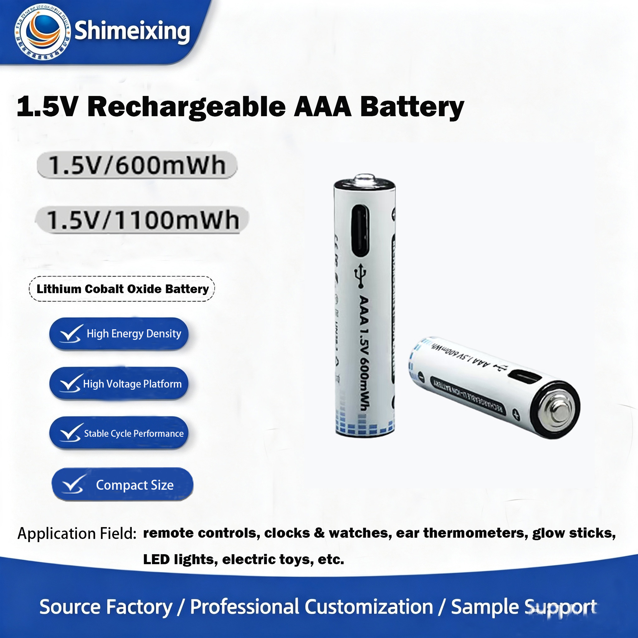 actory Wholesale USB 1.5V Rechargeable AAA Lithium Batteries, for Remote Controls and Toys