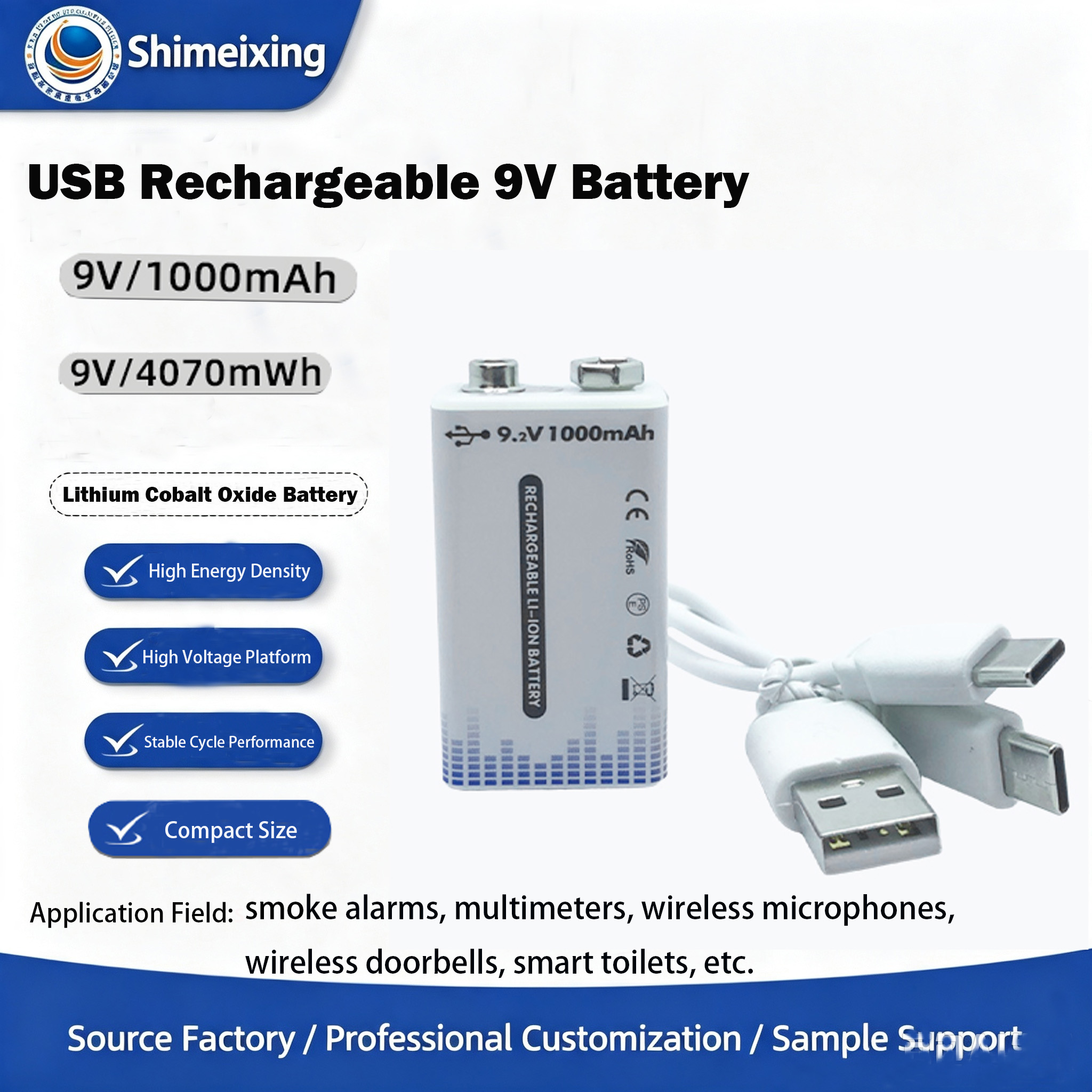 Cross‑border 9V 6F22 Rechargeable Lithium‑Ion Battery 1000mA for Metal Detectors and Multimeters